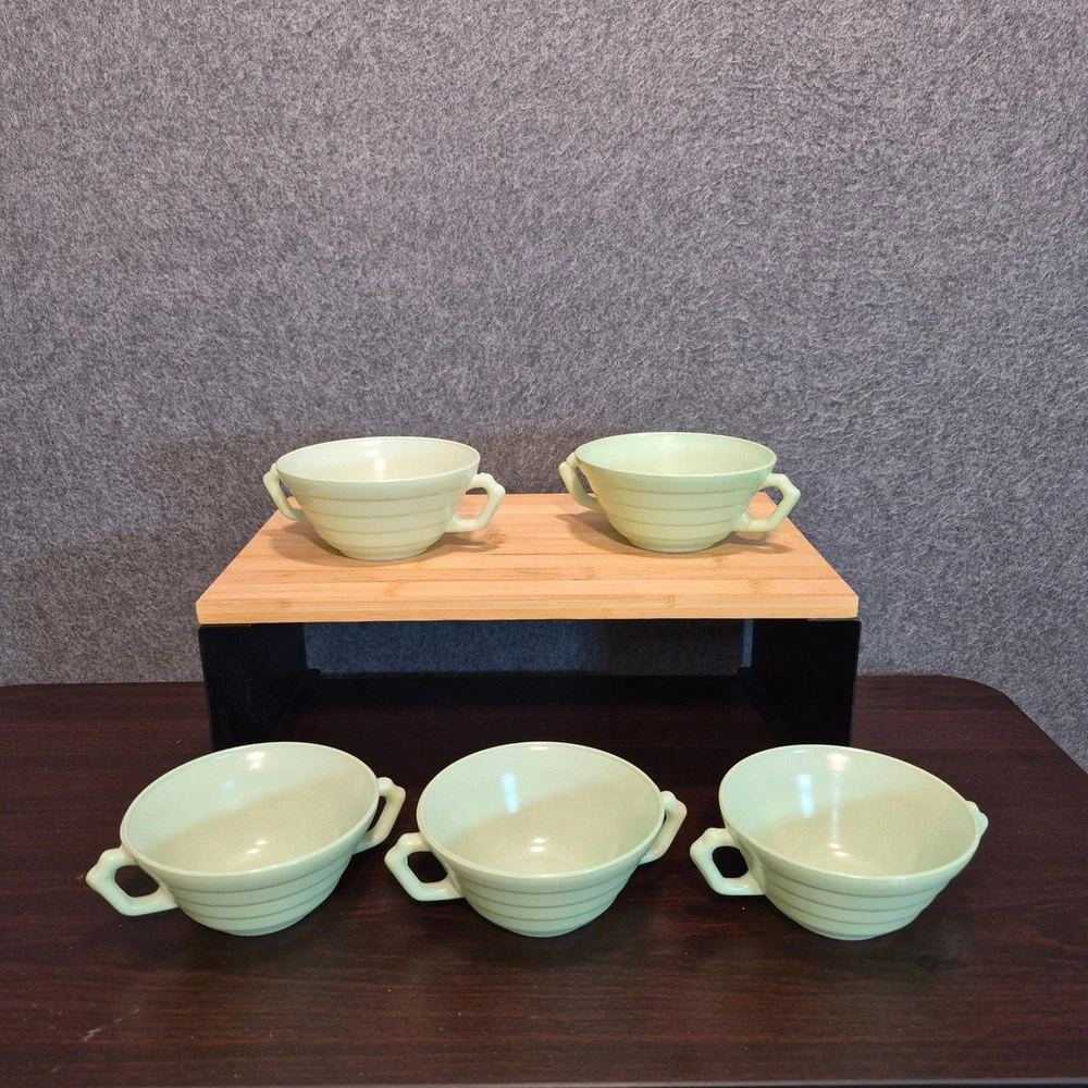 5 Vintage Hazel Atlas Platonite Moderntone Glass Handled Cream Soup Bowls Green
